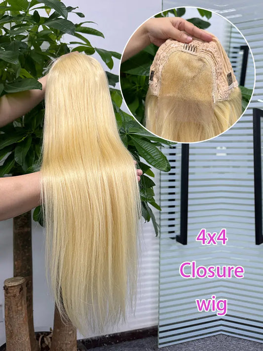 Closure Wig 4x4 Blonde Color 613# Straight Lace Wig 100% Real Human Hair aishair