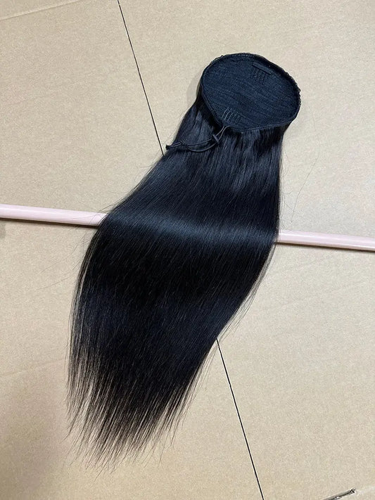 Ponytail 100% Real Human Hair Straight Natural Color 1B Round Type Brazilian Hair aishair