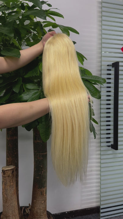 Closure Wig 4x4 Blonde Color 613# Straight Lace Wig 100% Real Human Hair Malaysian Machine Weft